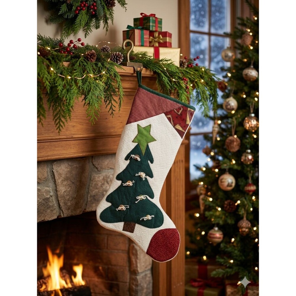 Quilted Christmas Tree Stocking Rustic Farmhouse Holiday Decor Mantle Hanging